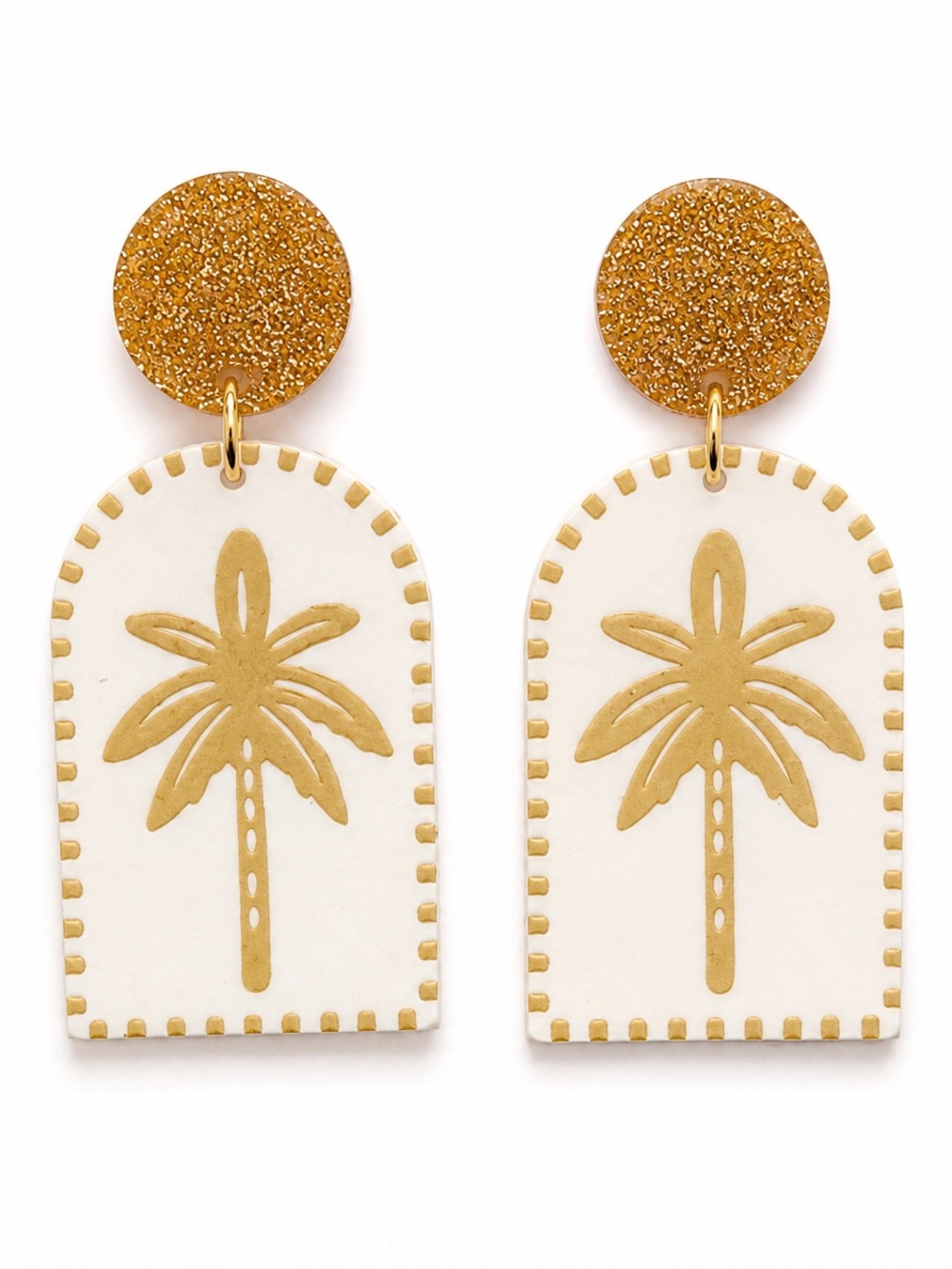 Gold Palm Tree Statement Drop Earrings Boho Tropical Coastal Ivory